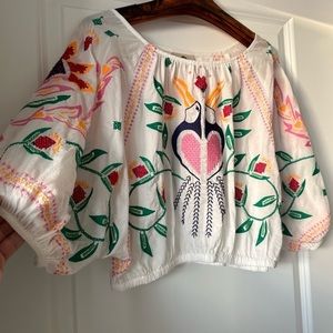 Farm Rio White Summer Garden Embroidered Crop Top Size Medium